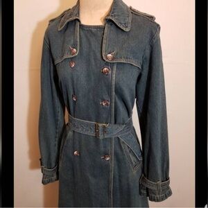 BRANDON THOMAS TRENCH COAT JACKET DARK DENIM JEAN FALL PREPPY HIPSTER VTG Y2K L